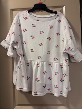 SHEIN White Cherry Print Peplum Tunic